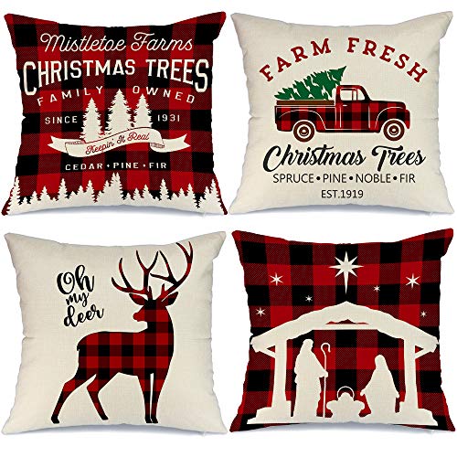 Product Cover AENEY Farmhouse Christmas Pillow Covers 18x18 Set of 4 for Christmas Decor Buffalo Check Red Truck Throw Pillows Black and Red Buffalo Plaid Christmas Decorations Throw Pillow Covers