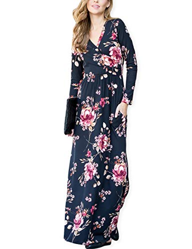 Product Cover AOOKSMERY Women's Casual Floral Print Maxi Dress V Neck Long Sleeve Loose T Shirt Dresses with Pockets