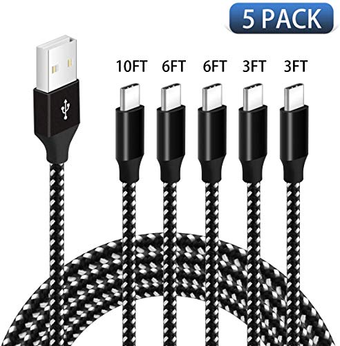 Product Cover USB C Cable,Nylon Braided Type C Charger Cable 5PACK 3/3/6/6/10 ft USB A to C Fast Charging Cord Compatible Samsung Galaxy Fast Charger S10 Plus/S10e/S9 9Plus S8 8Plus Note 10 Plus 9 8,Pixel Motorola
