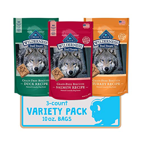 Product Cover Blue Buffalo Wilderness Trail Treats Grain-Free Dog Biscuits 3 Flavor Variety Bundle: (1) Blue Wilderness Trail Treats Duck (1) Blue Wilderness Trail Treats Turkey and (1) Blue Wilderness Trail Treats Salmon 10 Oz. Ea. (3 Bags Total)