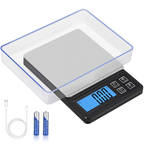 Product Cover Zibet Rechargeable Digital Food Scale Kitchen Scale Gram Scale Jewelry Scale,600g/0.01g Pocket Scale with Backlit LCD Display,Tray,6 Units,Auto Off,PCS and Tare Function,Stainless Steel