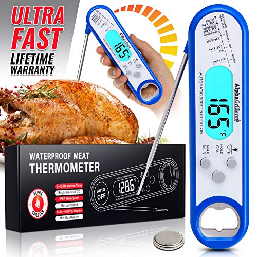 Product Cover Alpha Grillers Instant Read Meat Thermometer - Best Waterproof Ultra Fast Thermometer with Backlight & Calibration. Digital Food Thermometer for Kitchen, Outdoor Cooking, BBQ, and Grill