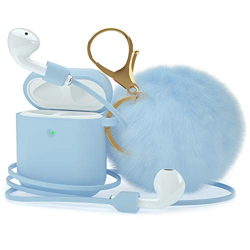 Product Cover MARGE PLUS for Airpod Case, Soft Silicone Cute Airpods Case Cover with Pompom Keychain/Strap/Earbud Accessories (Front LED Visible), Baby Blue