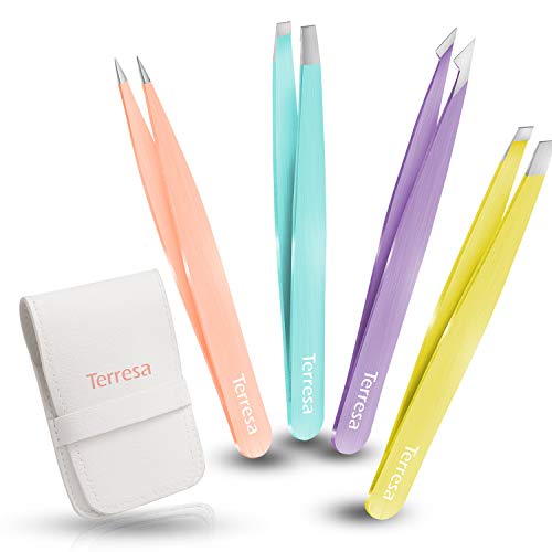 Product Cover Precision Tweezers for Eyebrows, Terresa 4 Pack Tweezer Set for Ingrown Hair Removal, Professional Brow Remover Tools for Women and Girls, Hair Plucking Daily Beauty Tool with Leather Case (Color)