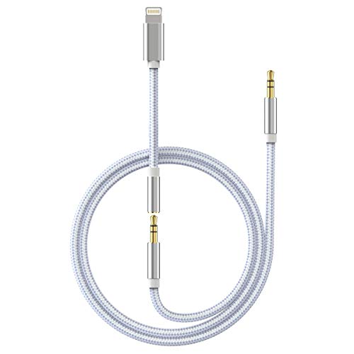 Product Cover Aux Cord for iPhone, Car Aux Cable for iPhone for Car Stereo/Speaker/Headphone Adapter Compatible with iPhone 11/X/8/8Plus/7/7Plus, Aux to iPhone Cord, Support iOS 10/11/12/13 and Above (Silver)