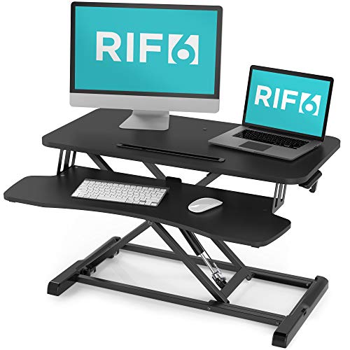 Product Cover RIF6 Adjustable Height Standing Desk Converter - 32 Inch Wide Laptop Riser or Dual Monitor Workstation - Easily Sit or Stand with Gas Spring Lift - Black