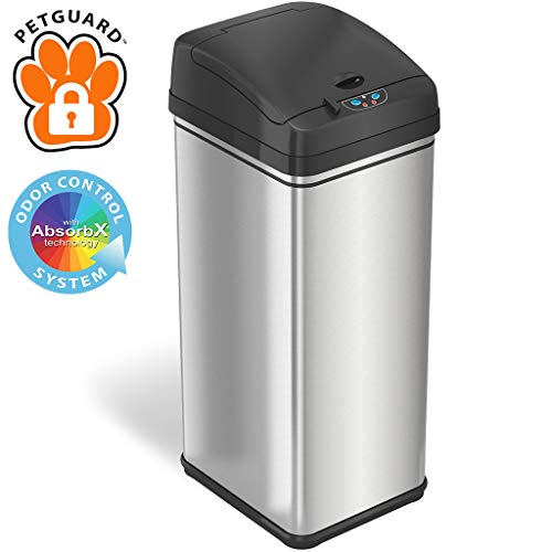 Product Cover iTouchless 13 Gallon Pet-Proof Sensor Trash Can with AbsorbX Odor Filter Kitchen Garbage Bin Prevents Dogs & Cats Getting in, Stainless Steel with PetGuard, Battery and AC Adapter (Not Included)