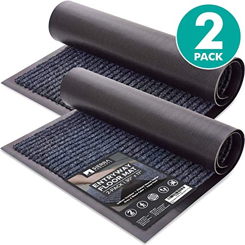 Product Cover Sierra Concepts 2-Pack Striped Door Floor Mat - Indoor Outdoor Rug Entryway Welcome Mats with Rubber Backing for Shoe Scraper, Ideal for Inside Outside High Traffic Area, Steel Gray & Black 30