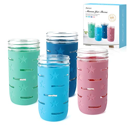 Product Cover Mason Jar Sleeve, Mason Jar Silicone Sleeve, 4 Pack Aieve Anti-slip Mason Jar Protector Sleeve for 24oz Wide Mouth Mason Jars Canning Jars Ball Jars to Prevent Slipping (Jars not Included)