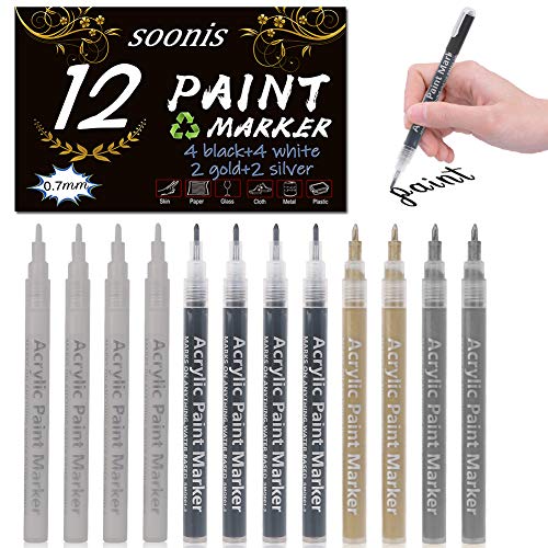 Product Cover Acrylic Paint Pens 12 Pack (4 Black 4 White 2 Gold 2 Silver) 0.7mm Painting Marker DIY Craft Making Supplies Used for Permanent Marking of Rock Ceramic Glass Plastic Wood Fabric Canvas Mug
