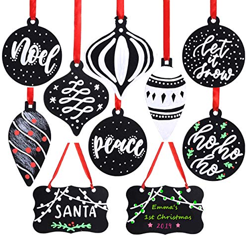 Product Cover UNIQOOO 12 Count Blank Chalkboard Christmas Ornament with Red Ribbon, 4 Assorted Shape | DIY Farmhouse Christmas Wedding Ornaments, Tag, Place Card, Family Name Xmas Tree Hanging Decorations