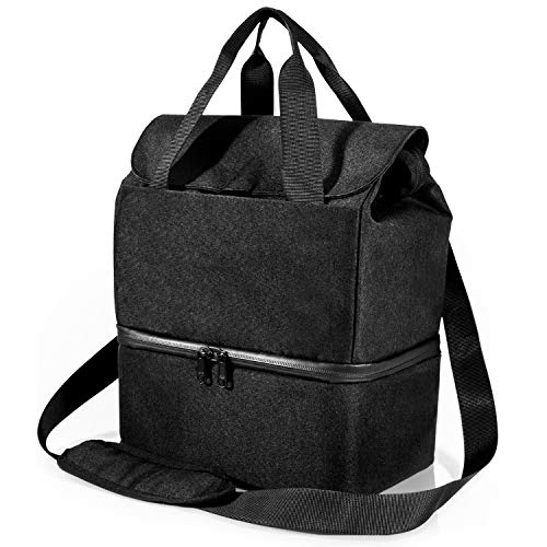 Product Cover Insulated Lunch Bag, Leakproof Reusable Large Capacity Bag with Adjustable Shoulder Strap, 2 Compartment Lunch Box for Office Picnic Camping Hiking Outdoor Beach, Black