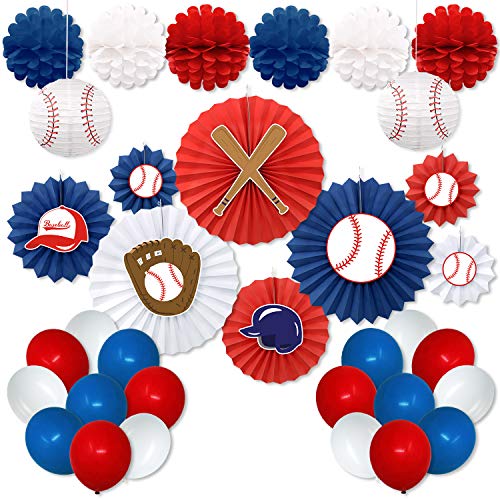 Product Cover Baseball Party Decorations Kit Baseball Cutouts Paper Fans Backdrop Paper Honeycomb Balls Lanterns Balloons for Sports Theme Birthday Party Decorations MLB Party Supplies