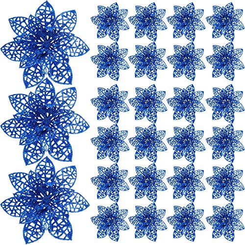 Product Cover SATINIOR 50 Pieces Christmas Tree Flowers Glitter Poinsettia Decorative Artificial Poinsettia Flowers Christmas Tree Ornaments for Wedding Christmas Festival Decoration (Blue)