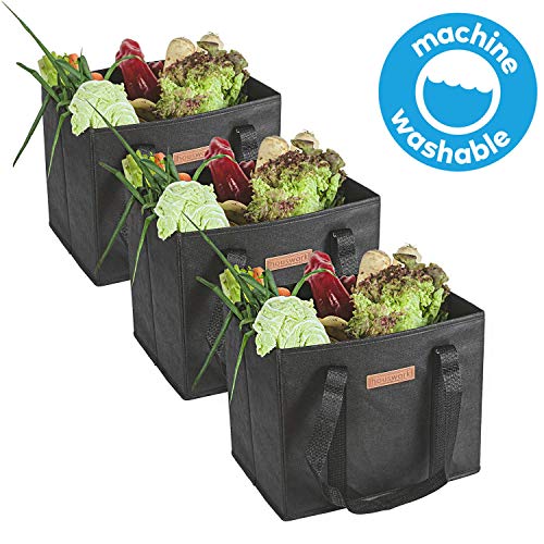 Product Cover HousWork Reusable-Waterproof-Washable-Grocery-Shopping-Bags Made Foldable | Large, Durable Convenient Tote with Reinforced Bottoms(Black) (3 Count)