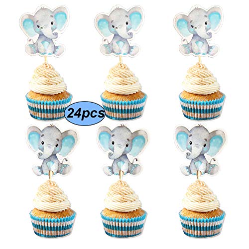 Product Cover Double Sided Blue Baby Elephant Cupcake Toppers Birthday Party or Baby Shower Food Picks Decor and Party Supplies,Set of 24