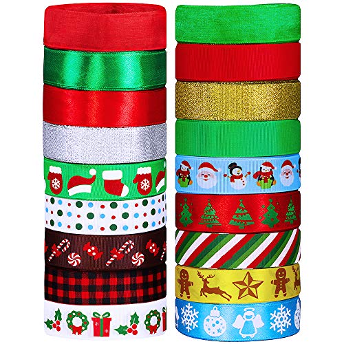 Product Cover 18 Rolls 90 Yards Christmas Ribbons Holiday Printed Grosgrain Organza Satin Ribbons Metallic Glitter Fabric Ribbons Bulk Gift Wrapping Bow Craft 1