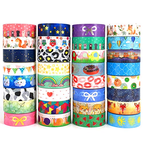 Product Cover FT Tapes Family Washi Tape Set with Gold foil & CMYK,15mm Wide Japanese Paper Planner Scrapbooking Decorative Masking Tape for DIY Crafts and Gift Wrapping,32 Rolls Cute Patterns