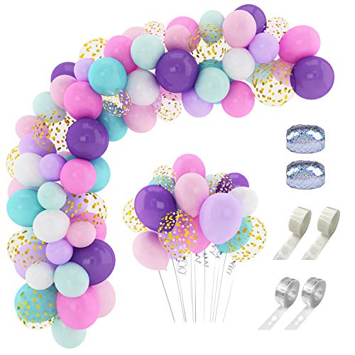 Product Cover 206 Pcs Unicorn Balloon Arch Garland Kit 12'' 10'' 5'' Confetti White Light Purple Pink Aqua Blue Latex Balloons Set for Wedding Baby Shower Unicorn Birthday Party Supplies Decorations with Balloon Strip, Glue Dots & Ribbons