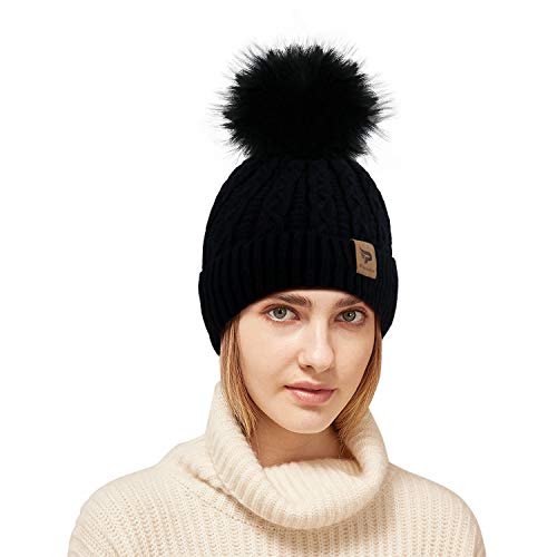 Product Cover Paragon Beanie Hats Winter Knit Beanie for Women,Fleece Lined Cable Knit Slouchy Beanie with Pom Pom (Black)
