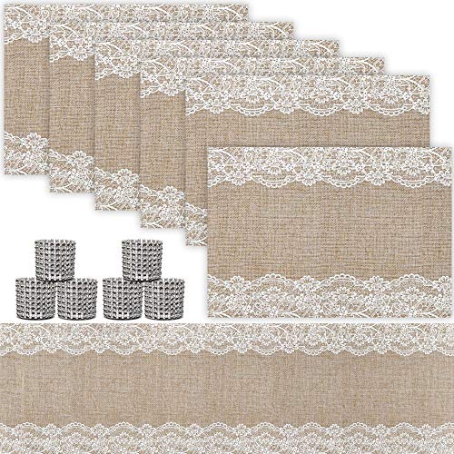 Product Cover Trivetrunner: Decorative Modular Trivet Runner with 6 pcs Placemats Set Hot Pad, Heat-Resistant Surface,for Hot Plates, Pots, Dishes (Jute & Lace Set 1 Table Runner + 6 placemats)