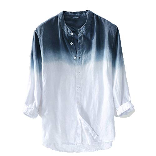 Product Cover Yualice Mens Gradient Color Cotton Linen Button Down Shirts for Men 3/4 Sleeve Band Collar Shirt Men