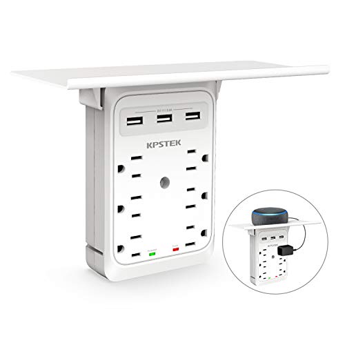 Product Cover Socket Outlet Shelf, KPSTEK 6 Outlet Extender Multi Plug Wall Adapter with 3 USB Ports & Easy-to-Install Shelf, 1080J Surge Protection for Echo/Google Home/Cell Phone/Electric Toothbrush and More