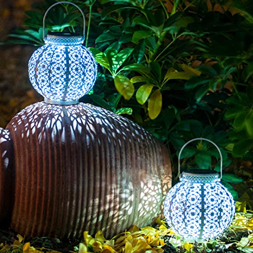 Product Cover SteadyDoggie Solar Lanterns 2 Pack - Hanging Solar Lights with White LED - Retro Ornate Hanging Solar Lantern with Handle 4 Lumens