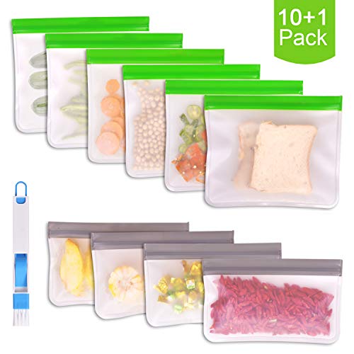 Product Cover 10+1 Pack Reusable Storage Bags with Cleaning Brush, 6 Reusable Sandwich Bags + 4 Reusable Snack Bags for Kids, Leakproof Easy Seal Freezer Bag Food Grade Portable Lunch Bags
