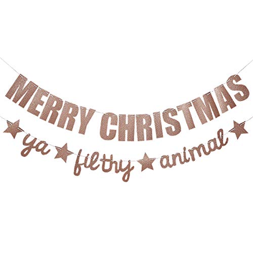 Product Cover Rose Gold Glittery Merry Christmas Banner and Rose Gold Glittery Ya Filthy Animal Banner -Christmas Party Holiday Party Decorations