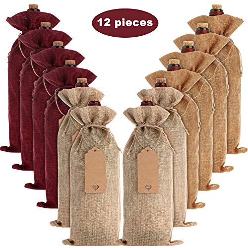 Product Cover 12 Pieces Burlap Wine Bags Jute Wine Bottle Bags with Drawstrings Reusable Wine Gift Bags with Tags for Party Blind Tasting Birthday Wedding Travel Housewarming (Multicolor)