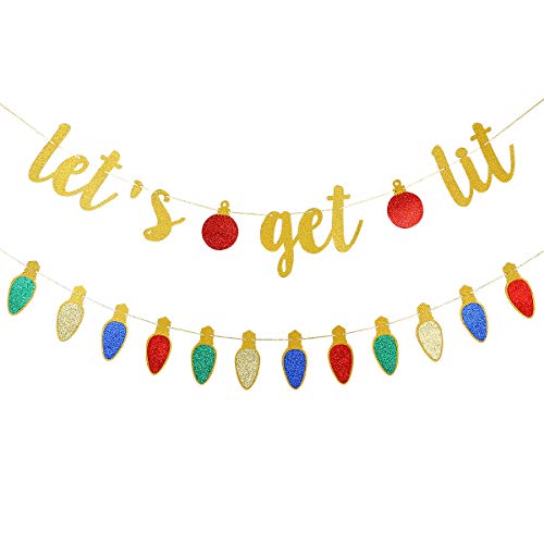 Product Cover Gold Glittery Let's Get Lit Banner and Glittery Christmas Theme Garland Decor- Christmas Holiday Party Decorations,New Year Eve Party Decor,Home Decor,Mantel Home Decor