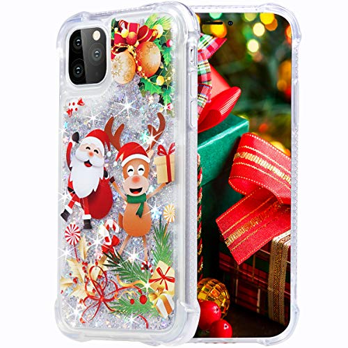 Product Cover Flocute Glitter Case for iPhone 11 Pro Max Glitter Christmas Case Bling Sparkle Floating Liquid Soft TPU Cushion Luxury Fashion Girly Women Cute Phone Case (Christmas Moose)