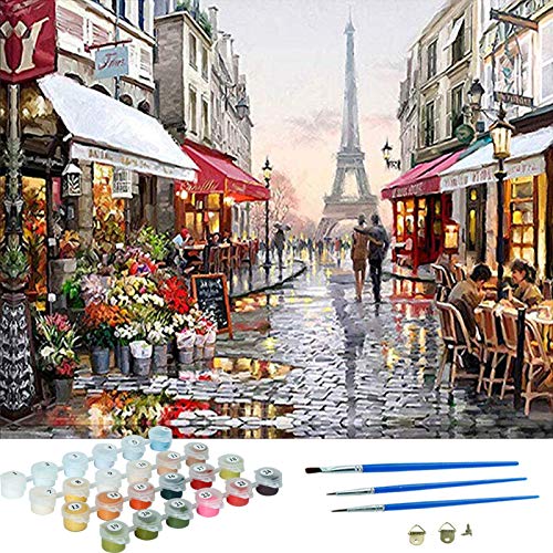 Product Cover OyeArts Framed Paint by Numbers Kits for Kids & Adults， DIY Full Set of Assorted Color Oil Painting Kit for Beginner to Advanced -16x20 inches (Eiffel Tower Street View)