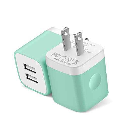 Product Cover Power-7 USB Wall Charger, 2-Pack 2.1A Dual Port USB Plug Power Adapter Charging Block Charger Cube Compatible with iPhone 11/11 Pro Max/Xs/XR/X/8/7/6/Plus/5S, Samsung, LG, Moto, Android Phone (Green)