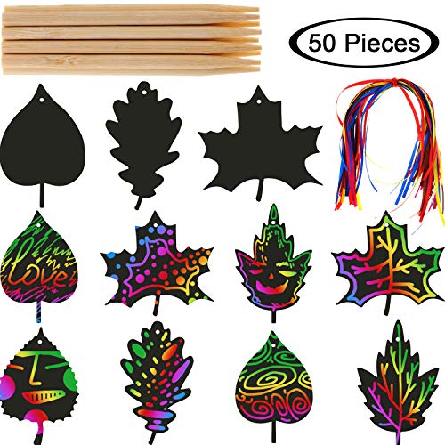 Product Cover BBTO 50 Pieces Scratch Fall Leaves Colorful Scratch Leaves Scratch Rainbow Art Paper with Ribbons and Wooden Stylus for Thanksgiving Harvest Party