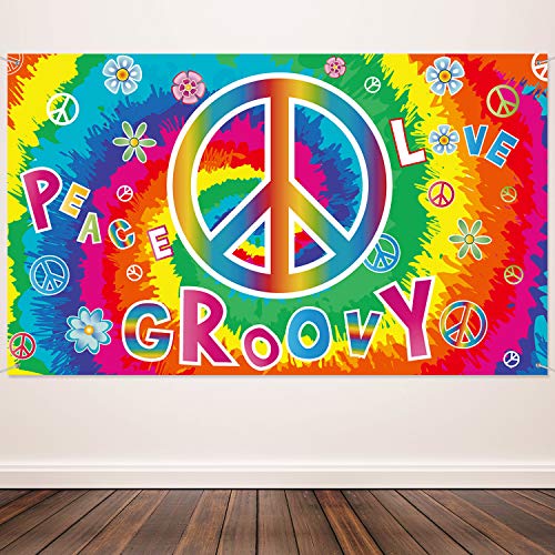 Product Cover 60's Carnival Groovy Decoration Banner Hippie Theme Party Photography Background 60's Party Scene Setters Groovy Wall Decoration Kit Peace and Love for Large Party Supplies 72.8 x 43.3 Inch