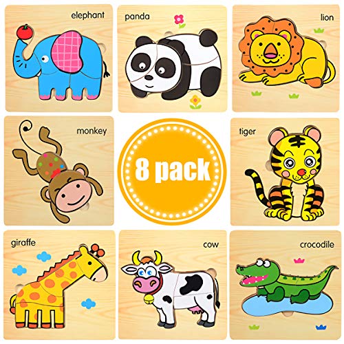 Product Cover Wooden Jigsaw Puzzles for Kids Toddlers - Shape Color Learning Educational Toy, Preschool Animals Puzzles Set STEM Gift for Age 2 3 4 5 Year Old (Land Animal Series)