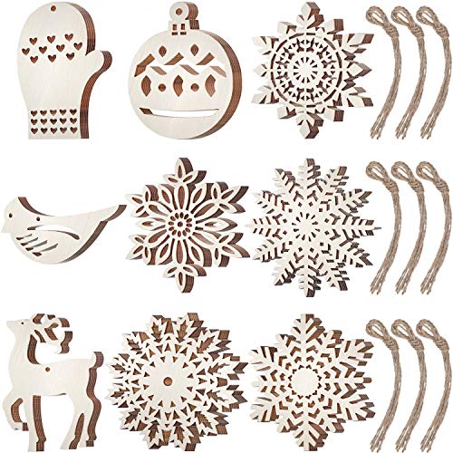 Product Cover Boao 45 Pieces Christmas Unfinished Ornaments Snowflake Reindeer Wooden Ornaments Christmas Hanging Embellishment Crafts with Ropes for DIY Christmas Decoration Supplies