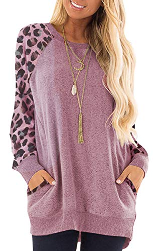 Product Cover Theenkoln Womens Top Leopard Print Raglan Sleeve Sweatshirts Tops Casual Crewneck Tunic Blouses with Pockets