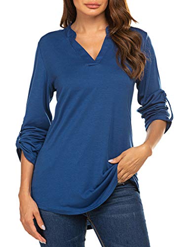 Product Cover Halife Women Roll-Up 3/4 Sleeve Shirt Solid V Neck Casual Tunic Blouses Tops Dark Cyan L