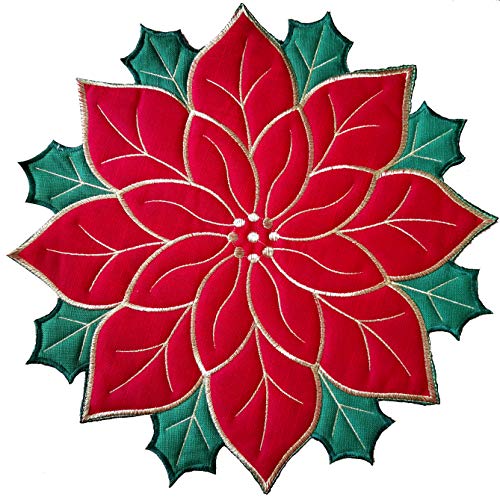 Product Cover Skrantun Placemats Set of 4,Applique Poinsettia Red with Green Embroidered Flower Double red slub Cloth Placemats for Home Holiday Christmas Table Top Decoration,Round14inch
