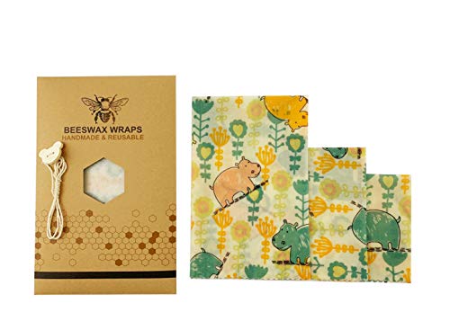 Product Cover Beeswax Food Wrap Set of 3 Pack Reusable Eco-Friendly Sandwich & Food Wrap Alternative to Plastic Wraps Sustainable Organic Wrap -1 Small 1 Medium 1 Large in Hippo and floral Print with String (Hippo)