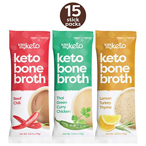 Product Cover Kiss My Keto Bone Broth Powder Travel Packets - Collagen Protein (9g) + MCT Oil, 18 Amino Acids | Low Carb Variety (15 Pack) Turkey, Chicken & Beef | Instant Bone Broth Soup - Single Servings
