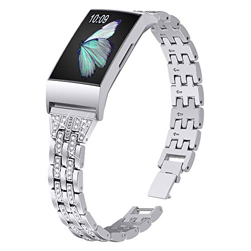 Product Cover Joyozy Slim Bling Bands Compatible with Fitbit Charge 3/Fitbit Charge 3 SE Smartwatch,Rhinestone Dressy Bracelet Replacement for Wristbands Accessories Jewelry Strap Women Girl(Silver)