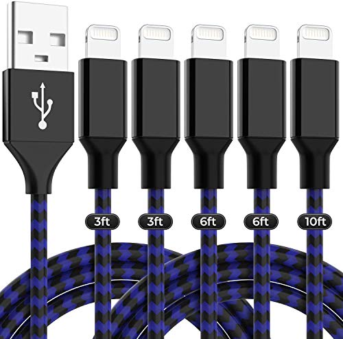 Product Cover 3FT/6FT/10FT iPhone Charger  Lightning Cable (5 Pack) MFi Certified USB Lightning Charging Cord for iPhone Xs/XS MAX/XR/X/8 Plus/8/7 Plus/7/6S Plus/6/5S/5E/5-Blue&Black