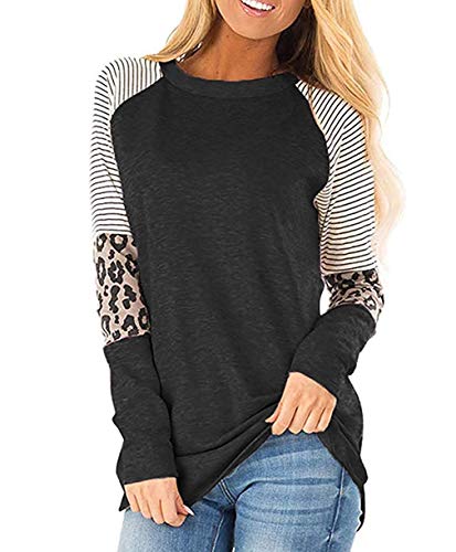 Product Cover Olidarua Women's Long Sleeve Tunic Tops Casual Striped Leopard Print Crew Neck T Shirts Blouses Black