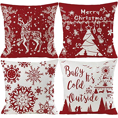 Product Cover EZVING Pack of 4 Merry Christmas Happy Winter Snowflakes Bright Deer Linen Dark Red Decorative Throw Pillow Cover Personalized Cushion Case for Sofa Farmhouse Square 20x20 Inches