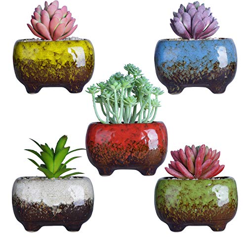 Product Cover 4.7 Inch Cute Modern Ceramic Succulent Planters Cactus Pots Tripod Mini Glazed Flowers Planter Containers Tiny Pots with Drainage Perfect for Desk or windowsill Pack of 5