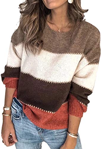 Product Cover Angashion Women's Sweaters Casual Long Sleeve Crewneck Color Block Patchwork Pullover Knit Sweater Tops